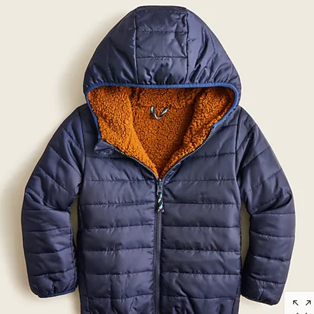 J Crew Kids Reversible Sherpa Puffer Jacket, NWT